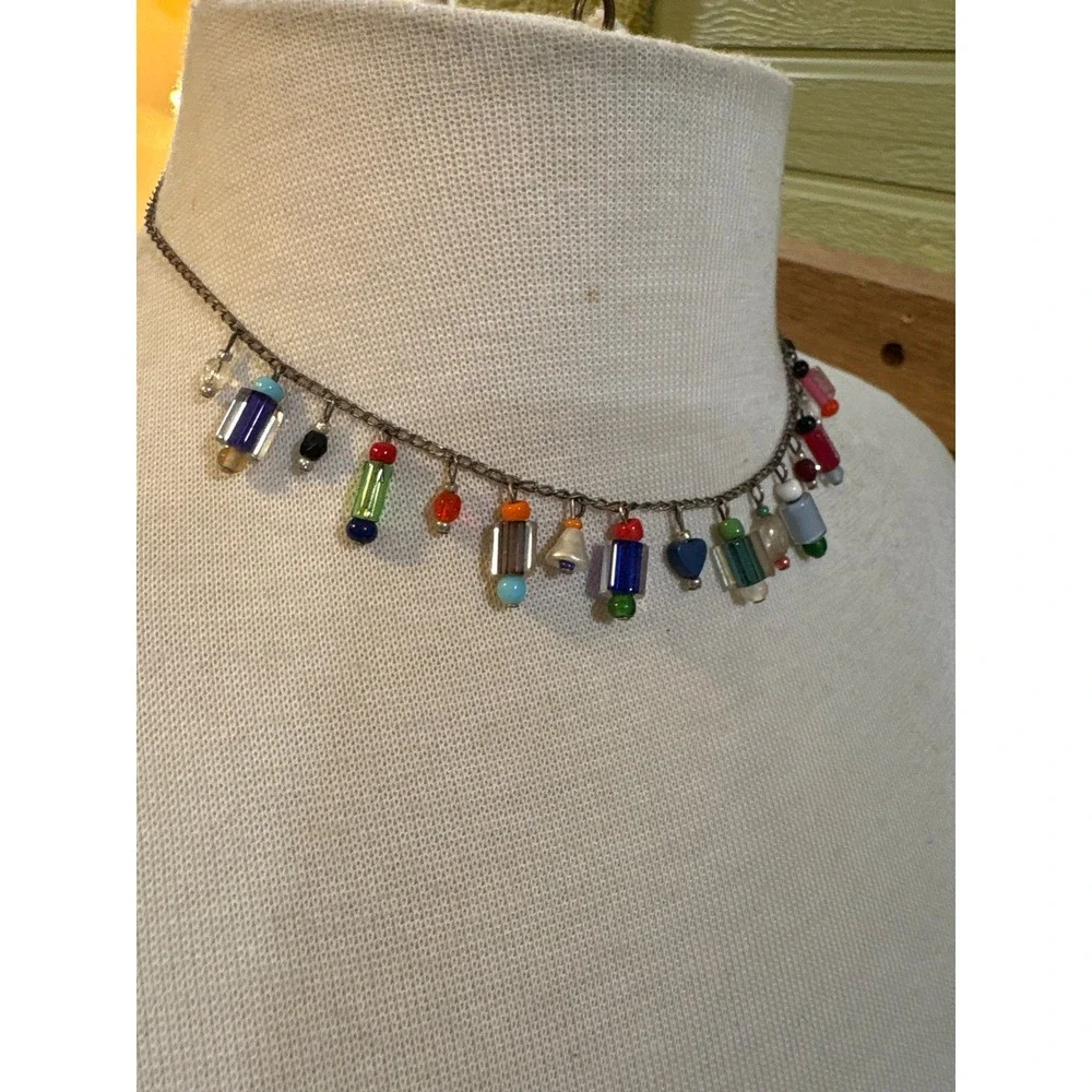 Vintage Style‎ Multi Color Glass Bead Charm Necklace Silver Tone Cross
